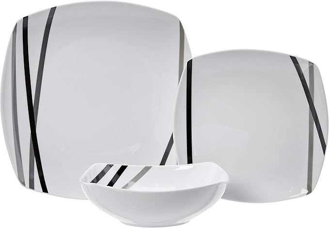 Amazon Basics 18 Piece Kitchen Dinnerware Set, Dishwasher and Microwave Safe, Square Plates, Bowls, Service for 6, Modern Beams