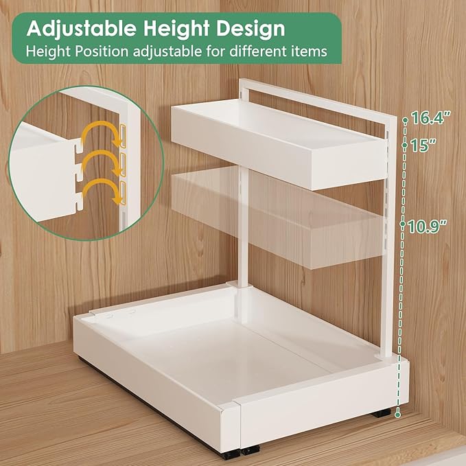 REALINN Under Sink Organizer Pull Out, L-Shaped 2 Tier Cabinet Organizer with Adjustable Width & 6-Level Height, Metal Under Sink Storage for Kitchen Sink, Bathroom Vanity, Laundry Cabinet, White