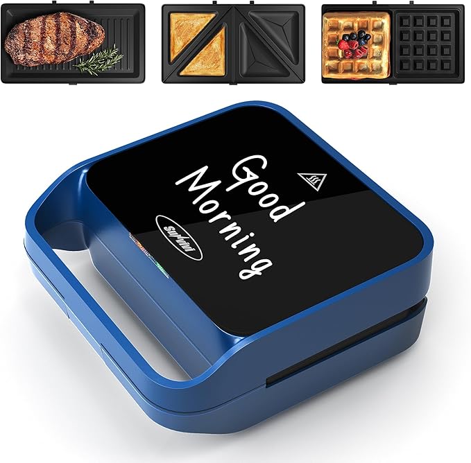 Sunvivi 3 in 1 Sandwich Maker, Electric Waffle Maker with Removable Non-stick Plates, 850W Panini Press Grill with Glass Top, Cool Touch Handle & Easy to Clean, Blue