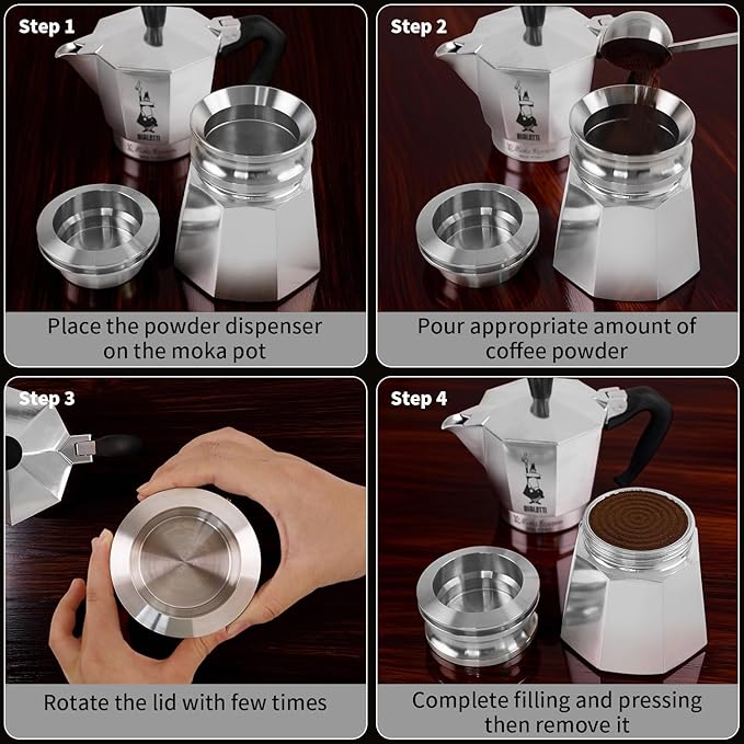 Coffee Tamper for 4 Cups to 6 Cups Moka Pot, 304 Stainless Steel Espresso Dosing Funnel Set, Coffee Distributor Leveler Compatible with Italian Espresso Stovetop Moka Pot, Silver