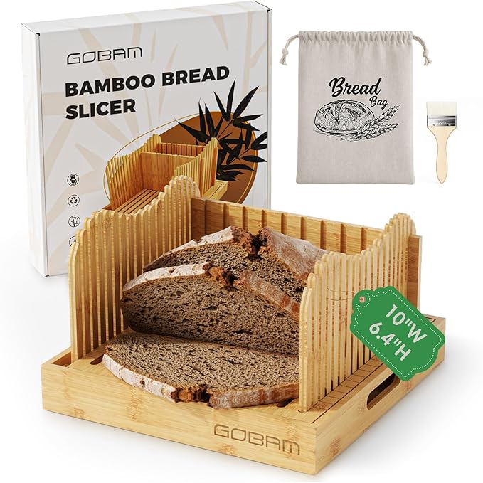 Gobam Adjustable Bamboo Bread Slicer, Fits Bread up to 6.4”H & 10”W, Extra-Large & Tall Design for Sourdough & Homemade Loaves, 3 Thickness Settings, Crumb Tray, Foldable, Ideal Gift for Bread Lovers