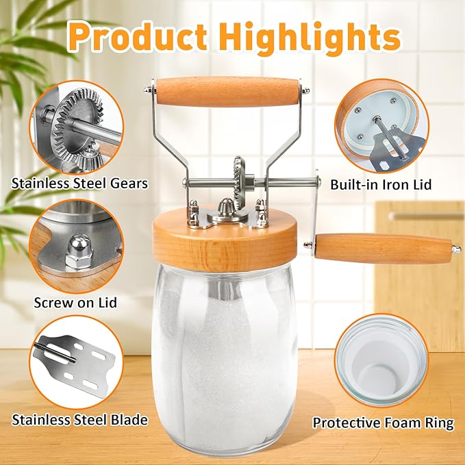 TeeMars Butter Churner - Upgraded Hand Crank Mason Jar Churn Kit, 34oz Manual Maker with 14 Recipe, Paddle, Mold with Lid, Cheese Cloth & Anti-slip Mat, Homemade Butter in 15Min