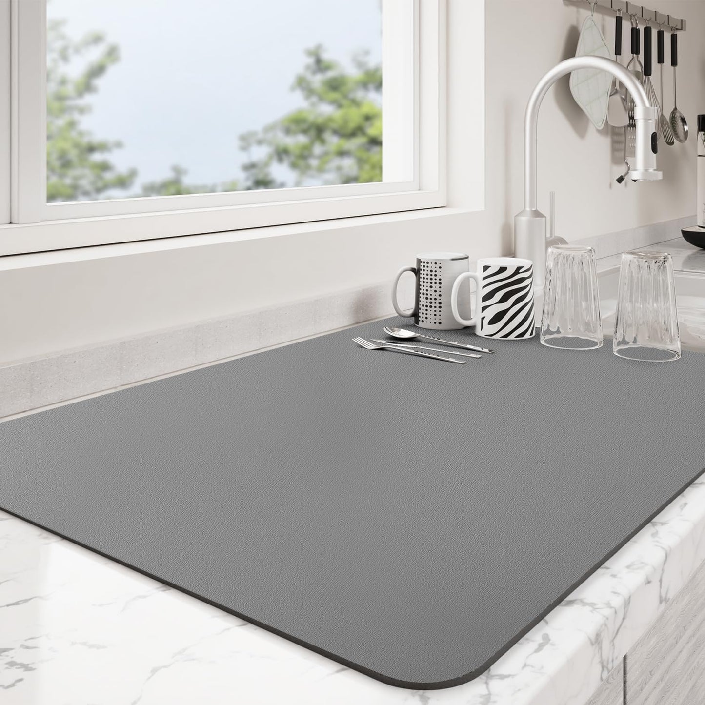 Dish Drying Mat for Kitchen Counter | Coffee Bar Mat for Countertops | Heat Resistant Drainer Mat with Non-slip Rubber Backed | Hide Stain Kitchen Absorbent Draining Mat | Dark Grey 16"x20"