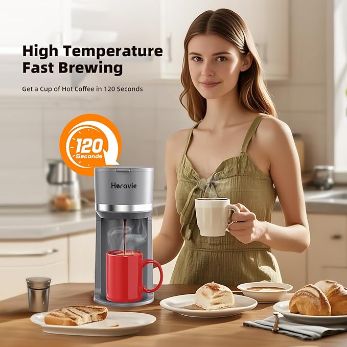 Horavie Mini Single Serve Coffee Maker for K Cup Pods and Ground Coffee, Fast Brew One Cup Coffee Machine with Descaling Reminder and Water Window, 6 to 12 oz. Brew Sizes, Gray