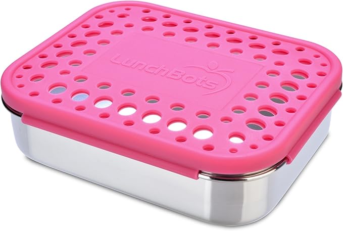 LunchBots Medium Uno Stainless Steel Sandwich Container - Open Design for Wraps - Salads or a Small Meal - Eco-Friendly - Dishwasher Safe and BPA-Free - Pink Dots