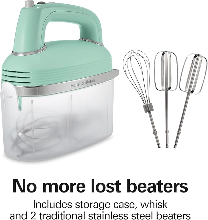 Hamilton Beach Vintage-Style 5-Speed Electric Hand Mixer, Powerful 1.3 Amp DC Motor for Effortless Mixing & Consistent Speed in Thick Ingredients, Slow Start, Beaters and Whisk, Green (62601N)