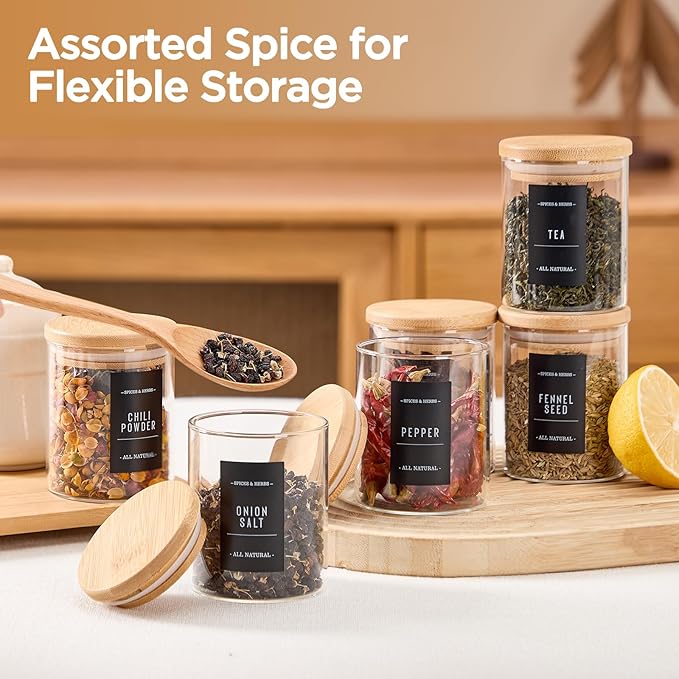 8oz Spice Jars with Bamboo Airtight Lids and Labels, 12 pcs Small Glass Containers with Bamboo Lids, Kitchen Organizer for Seasoning, Spice Containers for Spices, Tea, Salt, and Candy