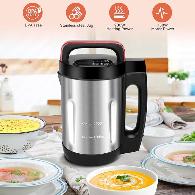 Homtone Soup Maker 2L, Makes 2-6 Servings, 6-in-1 Multifunctional Smooth and Chunky Soup Machine Cooker, Electric Bleander for Homemade Soups, Stainless Steel