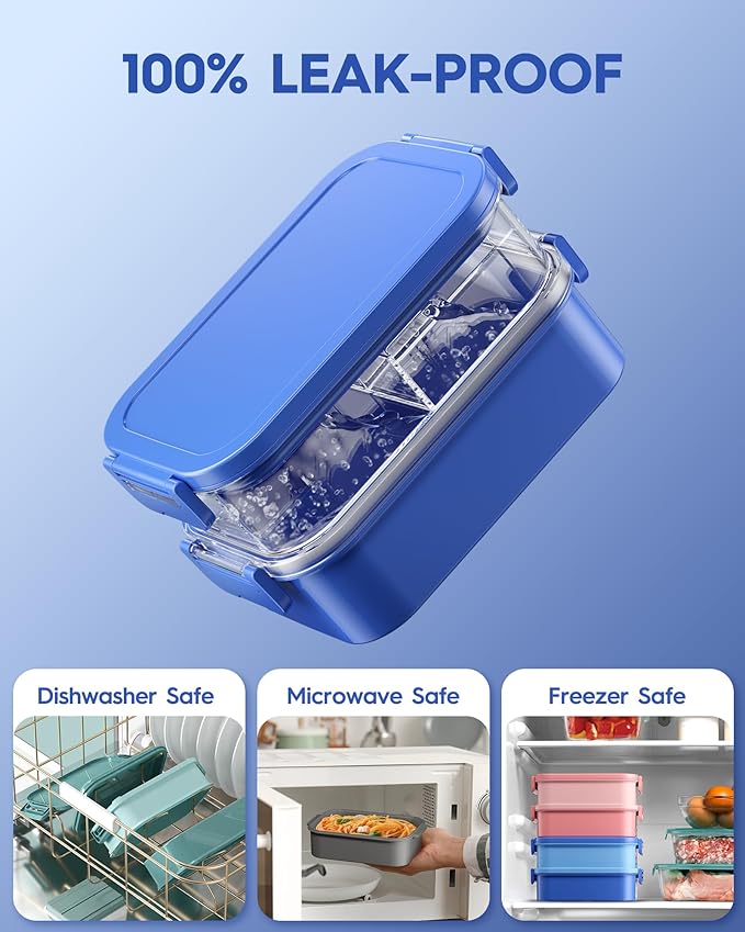 KEMETHY Adults Bento Lunch Box Set with Thermo Bag, 74oz Stackable Leak-proof 3-tiers Bento Box, Built-in Utensil and Sauce Container for Work, School, Dining Out (Blue)