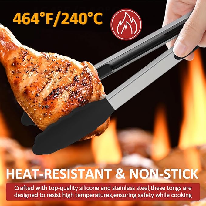 9 Pieces Silicone Tongs for Cooking 7,9,12 inches Kitchen Tongs with Silicone Tip Stainless Steel Heat Resistant Cooking Tongs for Food Grill Salad BBQ Frying and Serving, Black
