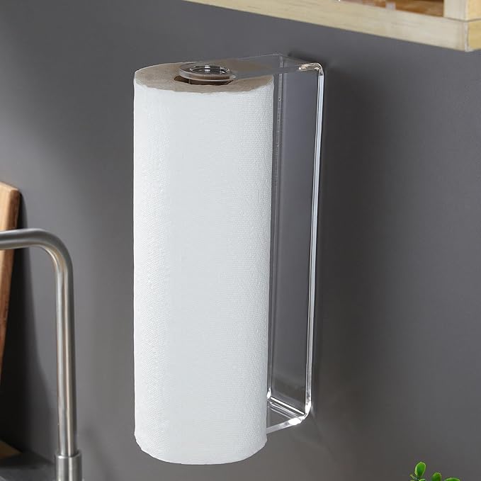 ZUNTO Acrylic Paper Towel Holder - Adhesive Paper Towel Roll Holder Under Cabinet, Clear Plastic Wall Mounted Paper Towel Rack for Kitchen, Frees up Counter Space
