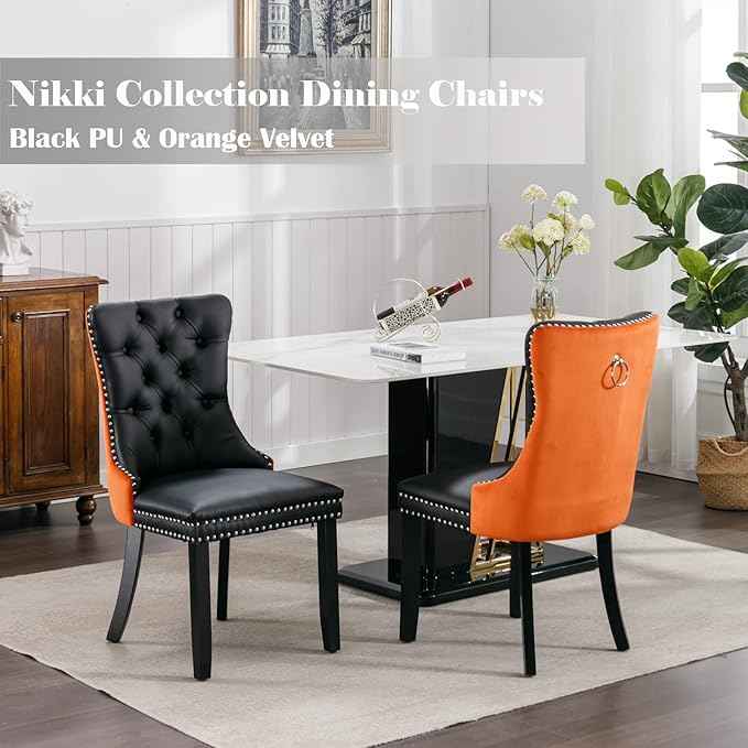 Dining Chairs Set of 2, Upholstered Dining Room Chairs with Back Ring Pull Trim and Solid Wood Legs, Modern Tufted Kitchen Chairs Perfect for Dining Room, Black Pu Leather Splicing Orange Velvet