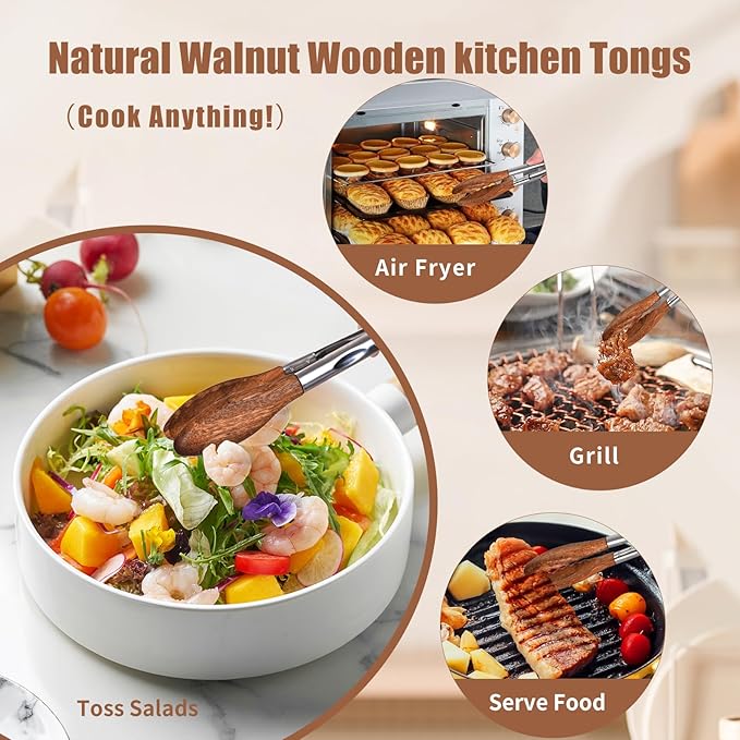 Wooden Tongs for Cooking Set of 2 (9" and 12") Natural Walnut Wooden kitchen Tongs for Grilling, Serving, BBQ and Tossing Salad etc | Ergonomic Stainless Steel Non-Slip Grip, Heat Resistant, Pull Lock