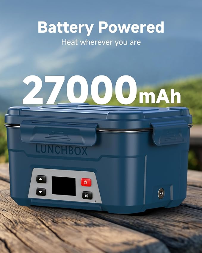EAST OAK Heated Lunch Box for Men, 6.3 Cups Electric Lunch Box for Adults, 27000mAh Cordless Portable Food Warmer, Rechargeable Self Heating Food Heater with Memory Function & Automatic Keep Warm