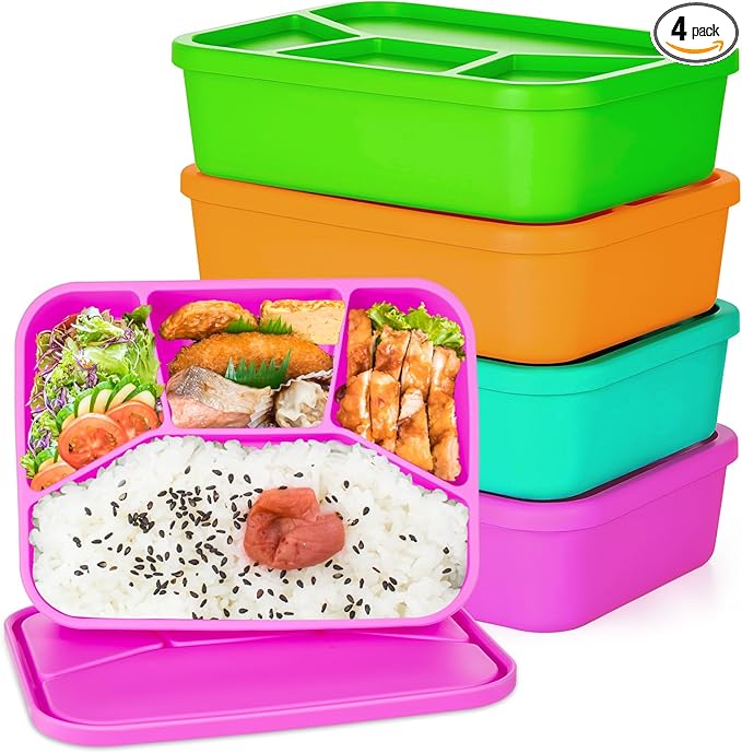 Ziliny 4 Pcs Silicone Bento Box Reusable Lunch Container Smooth Leak Proof Lunch Box Rectangle Bento Boxes for Adult Work Travel Food Meal Compartment Storage, 4 Colors (Brilliant Color)