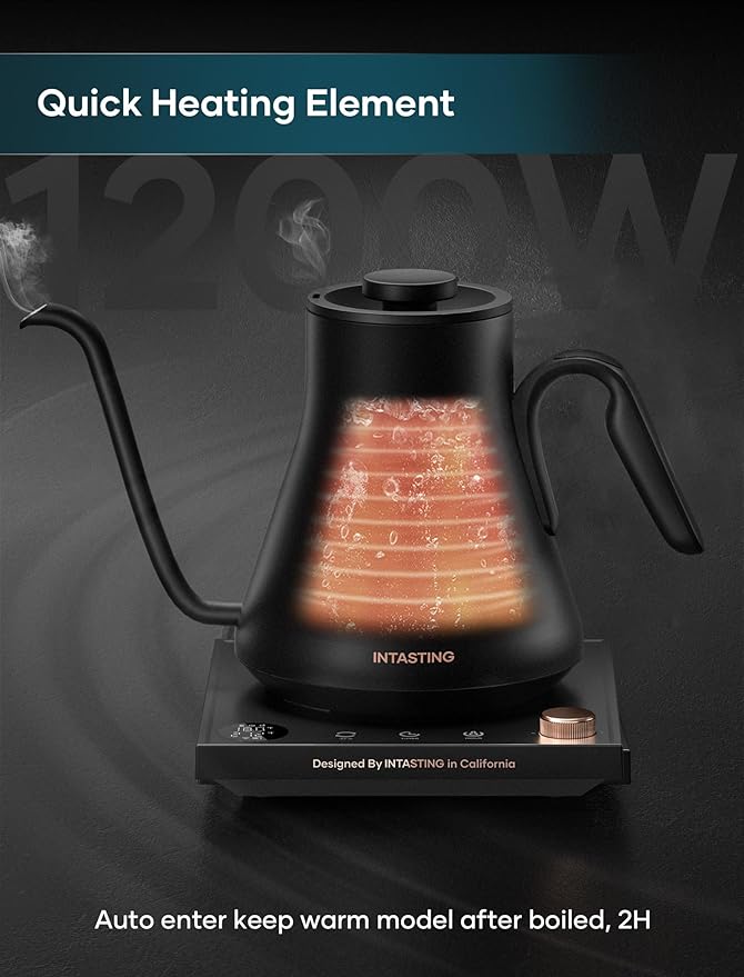 INTASTING Electric Kettle, Gooseneck Electric Kettle, ±1℉ Precise Temperature Control, Stainless Steel Interior, Quick Heating for Pour Over Coffee, Tea & Boiling Water, 0.9L (Black)