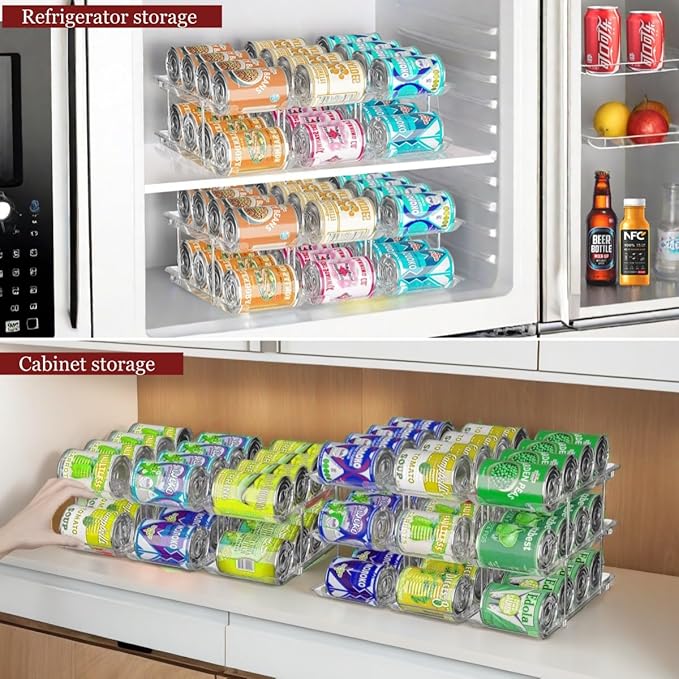 Attelite Can Organizer for Pantry, 3 Sets 2Tiers Can Storage Organizer Pantry, Soda Can Organizer for Fridge 24 Cans Rack Automatic Rolling Stackable Canned Food Organizer,Clear
