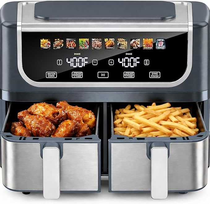 Simple Deluxe 9.5-Qt Dual Basket Air Fryer, 10-in-1 Digital Preset 1700W Airfryer, Sync Cook, Independent Temp Control, Shake Reminder, Nonstick Basket, Grey