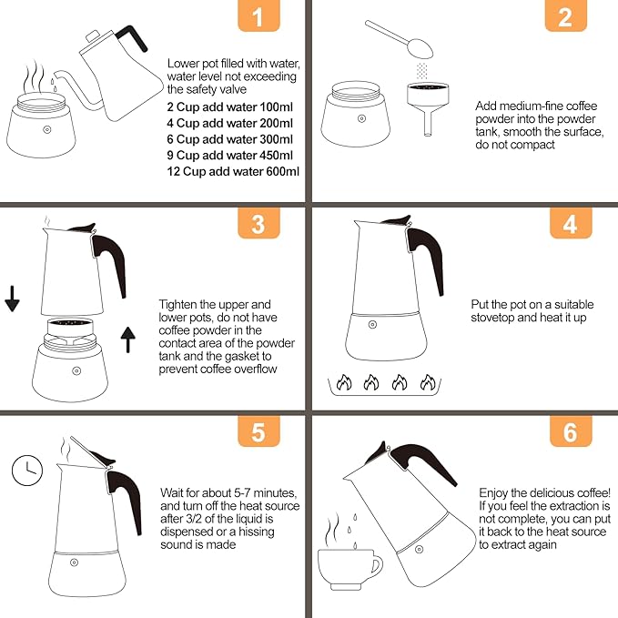 6 Cup 300ml Moka Pot Stainless Steel Espresso Coffee Maker Stovetop Coffeemaker Italian Classic Style Brewing Greca Cafe Mocha Machine for Cafeteras Lover Camping Travel and Home Use 10oz