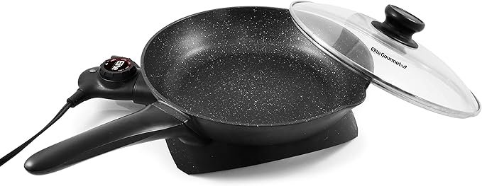 Elite Gourmet EG6207# Scratch Resistant 10.5-inch (2Qt) Fry Pan, Easy-Pour Spout Dishwasher Safe, Non-stick Electric Skillet with Vented Glass Lid, Adjustable Temperature, Black
