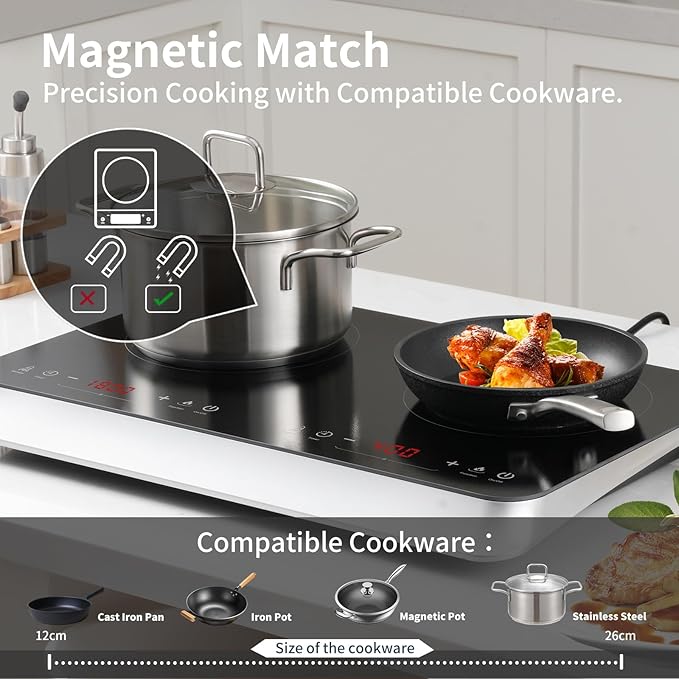 COOKTRON Double Induction Cooktop Burner with Fast Warm-Up Mode, 1800w 2 Burner with 10 Temperature 9 Power Settings, Portable Dual Induction Cooker Cooktop with Child Safety Lock & Time