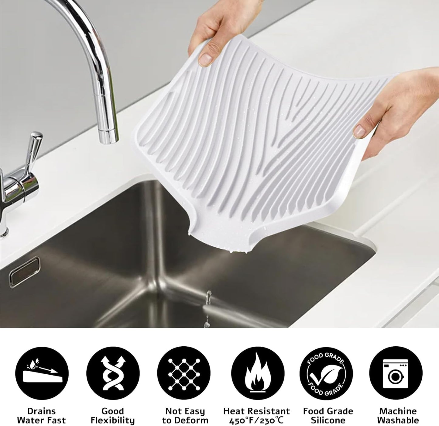 Dish Drying Mat, Stone Drying Mat for Kitchen Counter with Built-in Drain, Non-Slip Drying Matt Kitchen Counter, Heat Resistant Silicone Drying Mat,Dish Drying Pad,2 Pcs(15.8"X13",Ivory)