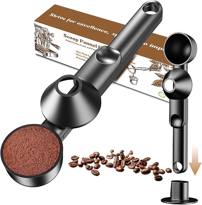 Coffee Scoop with Funnel for Ground Coffee, Protein Powder & Tea, for Reusable K Cup Refiller, 2TBSP Mess-Free, Funnel Design Prevents Spills (Black, 1-Pack)