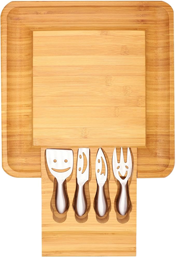 Sarolta Homewares Bamboo Cheese & Sushi Cutting Board and Platter with Brushed Stainless Steel Cutlery Set - 10 Sets
