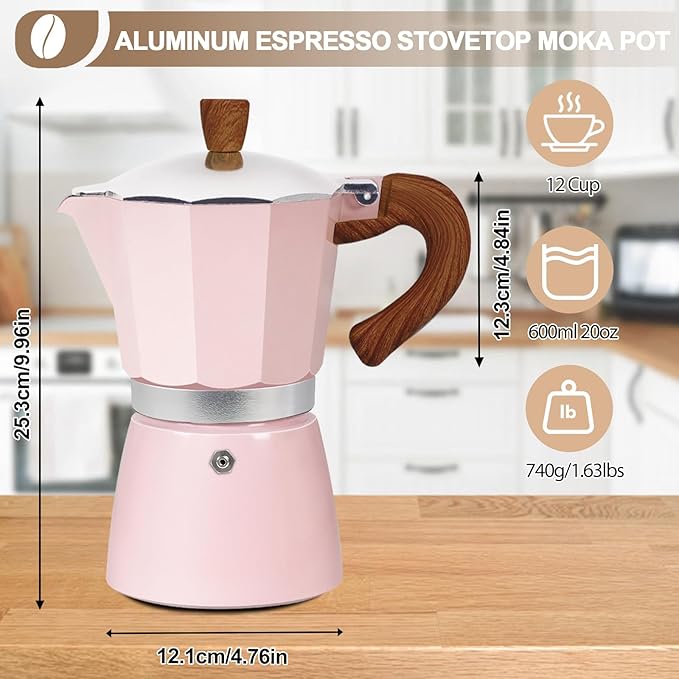 Aluminum 12 Cup 600ml Moka Pot Express Coffee Maker Stovetop Espresso Colorful Coffeemaker Italian Classic Style Brewing Greca Cafe Mocha Machine for Cafeteras Lover Camping Travel and Home Use 20oz