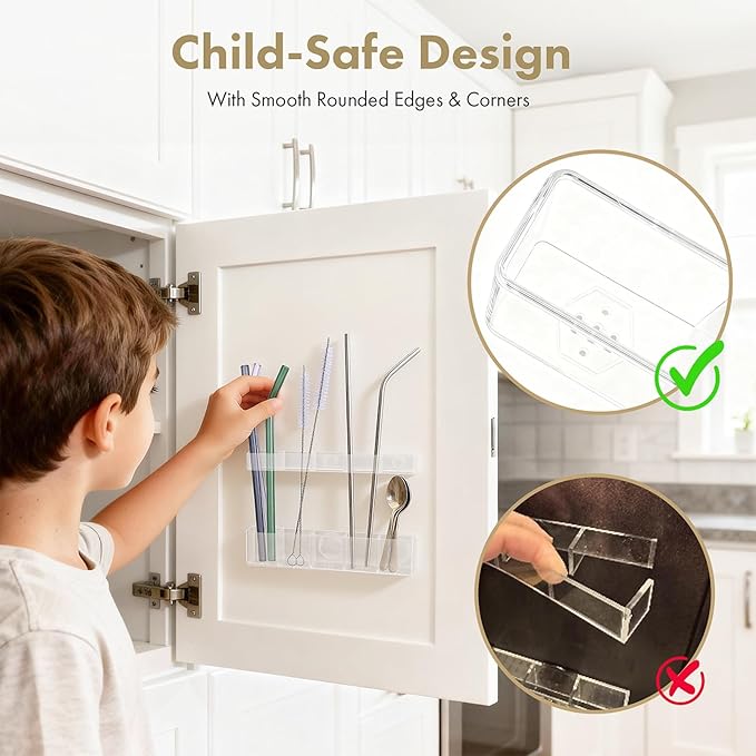 Acrylic Straw Holder for Cabinet Door - Child-Safe Organizer & Dispenser with Smooth Rounded Edges for Kitchen Accessories Storage, Adhesive Circles Included (Clear Transparent)