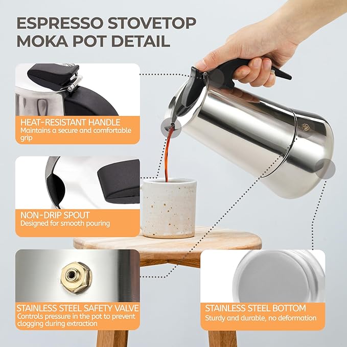 6 Cup 300ml Moka Pot Stainless Steel Espresso Coffee Maker Stovetop Coffeemaker Italian Classic Style Brewing Greca Cafe Mocha Machine for Cafeteras Lover Camping Travel and Home Use 10oz