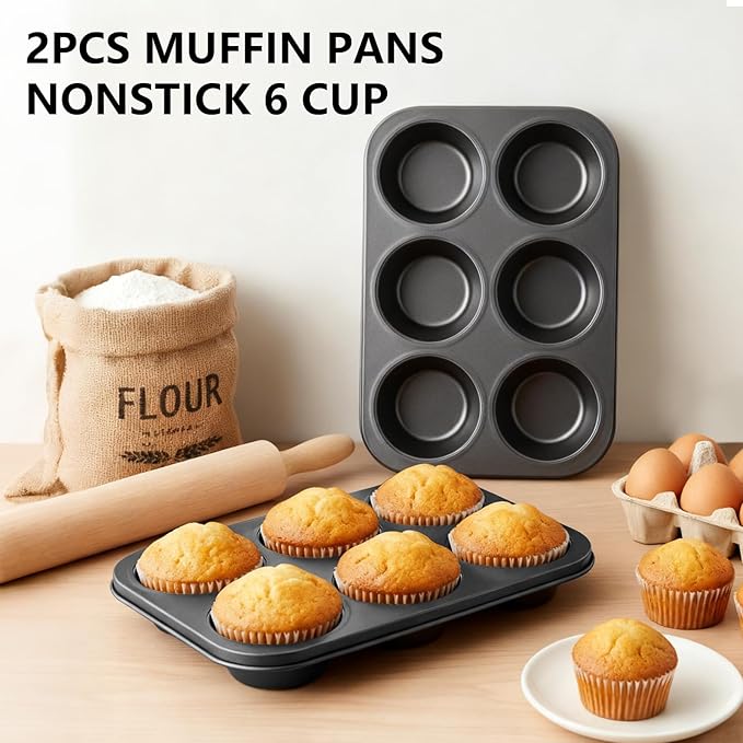 Jumbo Muffin Pan 6 Cup Cupcake Tin Nonstick, 2PCS Durable Large Baking Pan for Big Muffins & Cupcakes, Easy Clean Carbon Steel Giant Muffin Tin for Oven Use, Parties