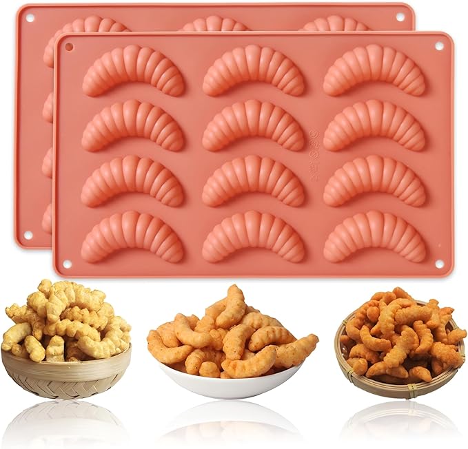 2PCS Silicone Croissant Molds, 12-Cavity Small Caterpillar Shaped Baking Pan for Cookie, Chocolate, Candy, Bread, Pastry, Cake Decoration