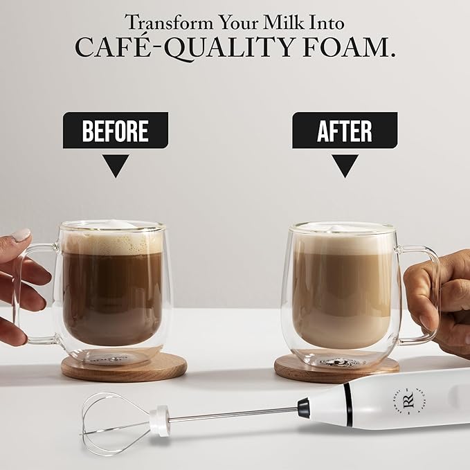 Frother Handheld - Powerful Coffee Frother Wand Rechargeable, Ultra Fast Milk Frother Handheld, Electric Whisk Drink Mixer with Stainless Steel for Coffee, Lattes, Matcha | White