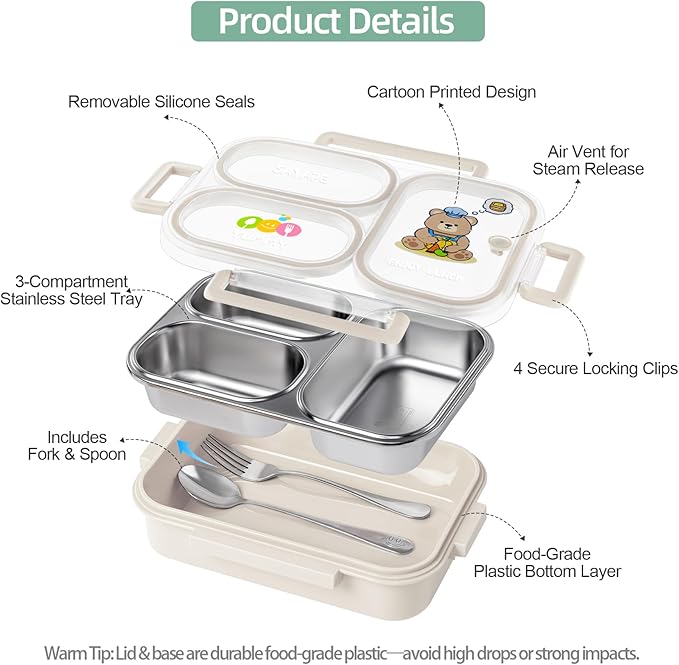 Stainless Steel Bento Lunch Box for Kids, 26.4 oz Leak-Proof 3-Compartment Metal Bento Box, BPA-Free, Cute Cartoon Meal Prep Snack Container with Utensils for School, Office, Travel - Beige