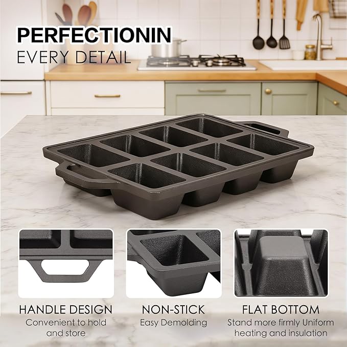 Flavehc 2pack Cast Iron Mini Loaf Pans 8-Cavity Bread Loaf Pans Pre-Seasoned Baking Pan Molds with Handle Bread Pans for Homemade Bread