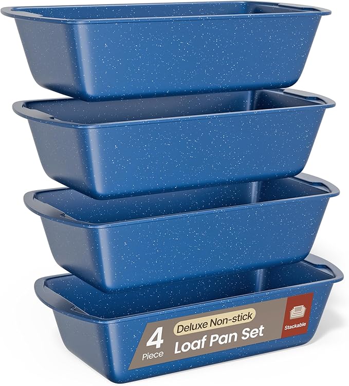 Nonstick Loaf Pan Set Pack of 4, Carbon Steel 11" Large Baking Bread Pan, Oven Safe Up to 450°F, PFOA, PFOS, PTFE Free, Space Saving Stackable Design, Stain Resistant, Dishwasher Friendly, Blue Marble
