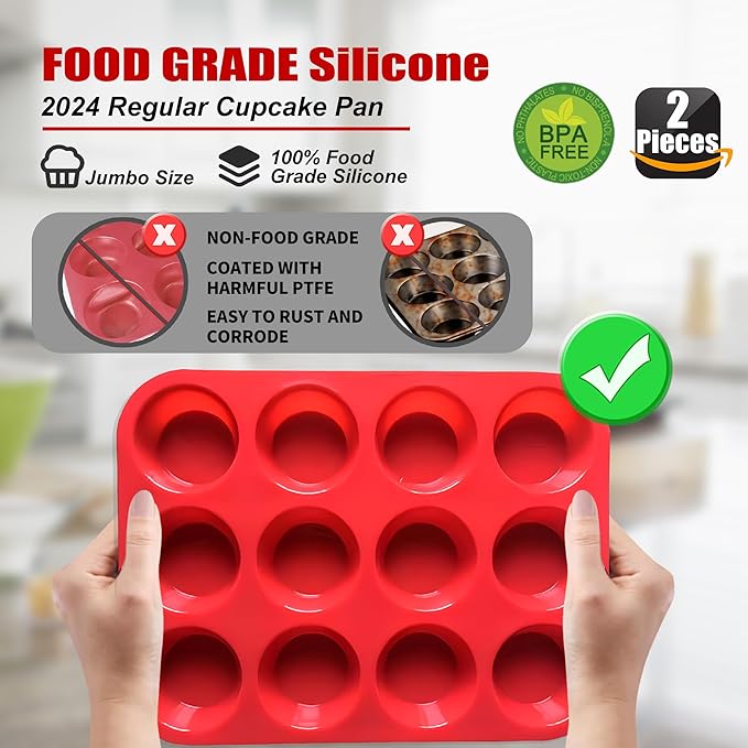 2PCS Thicken-12 Cup Silicone Muffin Pan - Cupcake Baking Pan Great for Making Muffin Cakes, Tart, Bread -Non - Stick Silicone Mold/Dishwasher - Microwave Safe