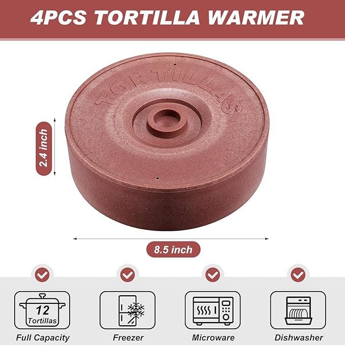 Sabary 4 Pcs Tortilla Warmer with Lid 8.5 x 2.4 Inch Robust Plastic Tortilla Holder Taco Keeper Pancake Waffles Food Container Microwave Save for Mexican Night Fiesta Party Home Restaurant Bar (Brown)