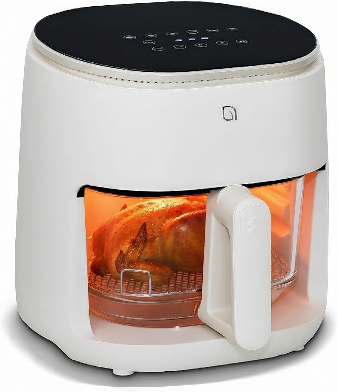 WILLOW Eco Series 6 in 1 Air Fryer with Glass Basket, 5 Quart Non Toxic Air Fryer w Digital Display, 430°F Max Temp, Preheat & Keep Warm Function, Compact + Dishwasher Safe Glass Airfryer - WHITE