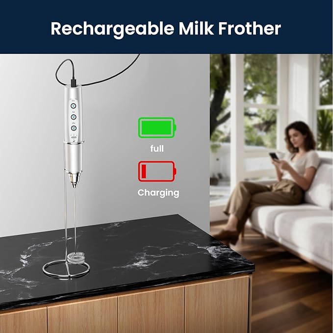 Sakgos Milk Frother with Stand Rechargeable-Handheld Frother Wand with 3 Stainless Whisks 3 Speed Adjustable, Electric Whisk Drink Mixer, Foam Maker Blender for Matcha Latte Cappuccino Chocolate