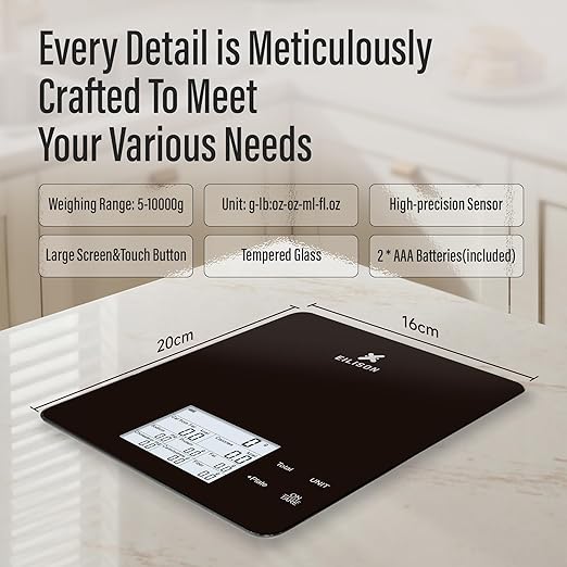 EILISON Smart Kitchen Scale with Nutrition Calculator, Digital Food Scale, Large TFT Color Display, Bluetooth App for 999+ Foods, Calorie Counter & 24 Nutrients Analyzer, 5000g Cap (Kitchen Black)