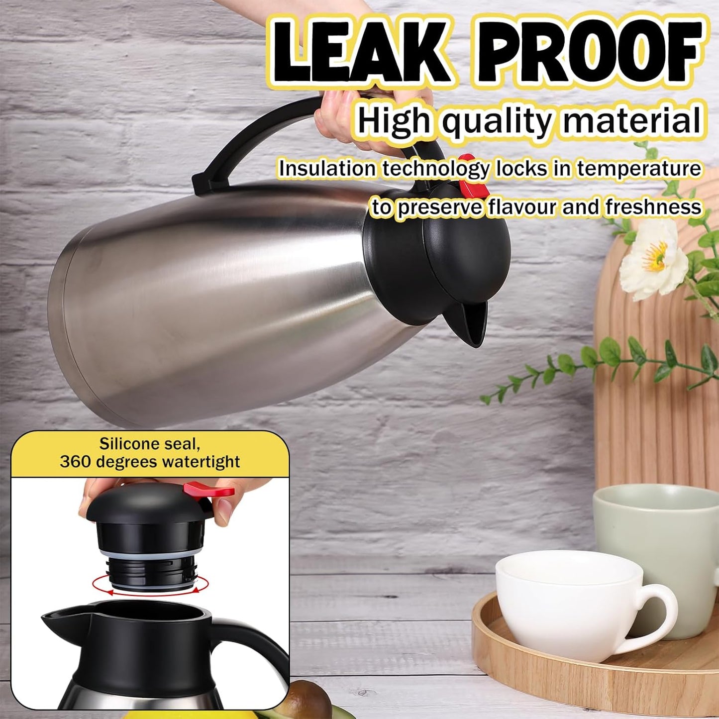 Nuogo 2 Pcs 102 oz Thermal Coffee Carafe Insulated Stainless Steel Carafe Double Walled Vacuum Coffee Thermal Pot with Brush for Home Office Use Keep 24 Hours Hot Water Tea(Silver)