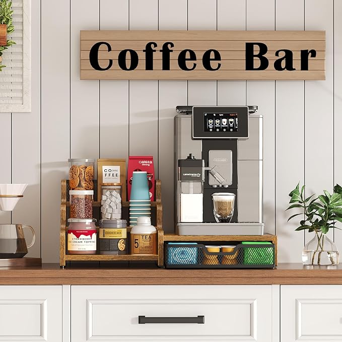 Coffee Station Organizer with K Cup Holder, 28 Pod Capacity,3-Tier Syrup Rack with Coffee Pod Holder Drawer, Coffee Bar organizer Countertop for Accessories,Rustic Brown