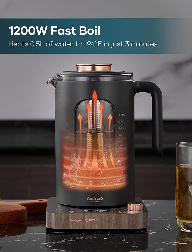 INTASTING Electric Tea Kettle, Electric Kettle with Tea Infuser, ±1℉ Knob Temperature Control, BPA-Free Glass, 1200W Fast Heating, Easy to Clean, 1 Liter (Wood)
