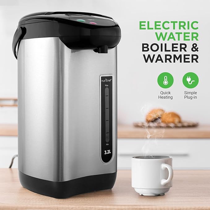 NutriChef Hot Water Urn Pot Insulated Stainless Steel,Auto & Manual Dispense,Auto Boiler,Safety Lock Shutoff 3.38 QT /3.2L - Auto Boiler Shut Off - PKWK43