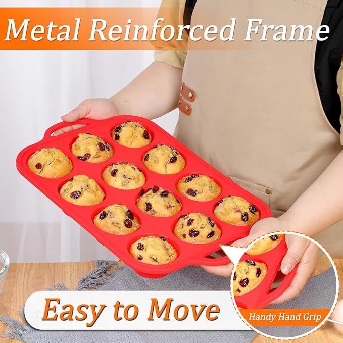 CAKETIME Silicone Muffin Pan, Metal Reinforced Frame Silicone Cupcake Pan Regular Size 12 Cups Nonstick Muffin Tins for Baking Easy to Move 2 Pack Red