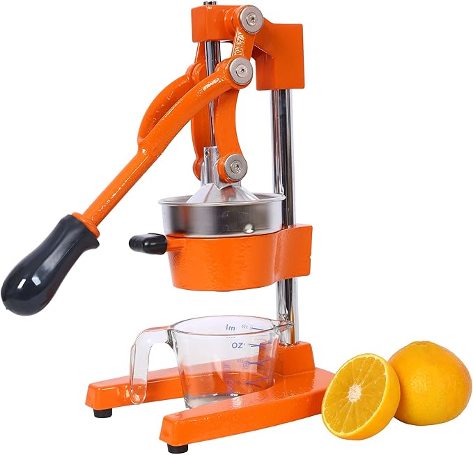 【Cast Iron Citrus Juicer】Commercial Grade Manual Orange Juicer, Heavy Duty Hand Press Juicer for Orange Lemon Lime, Extra Large Countertop Juice Squeezer, Easy Clean (Orange)