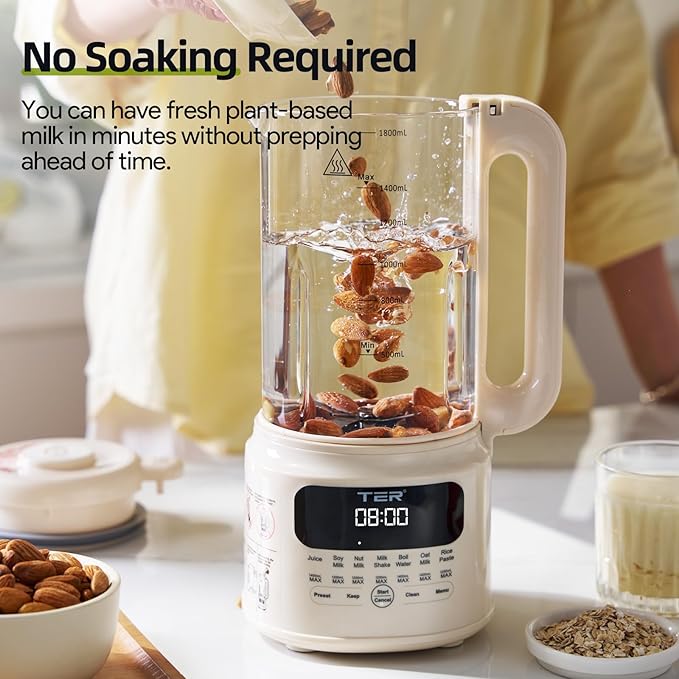 TER Nut Milk Maker Machine, 10-in-1 Soy Milk Maker for Almond/Oat/Soy Milk, Juice, Milkshake, Rice Paste, Auto Clean/24H Preset Time/12H Keep Warm, with 7 Accessories, Beige