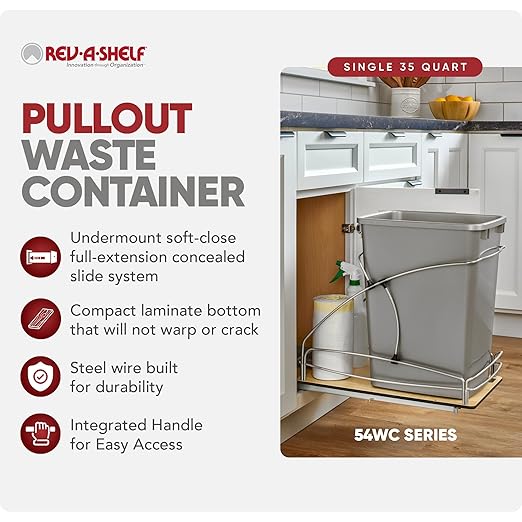 Rev-A-Shelf Steel Bottom Mount Single 35 Quart 8.75 Gallon Waste Bin Trash Container for Under Kitchen Cabinet with Soft Close, Gray, 54WC-1535SC-17-1
